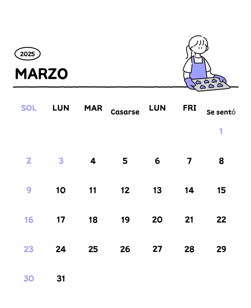 Calendario ilustrado con un bonito estilo de líneas