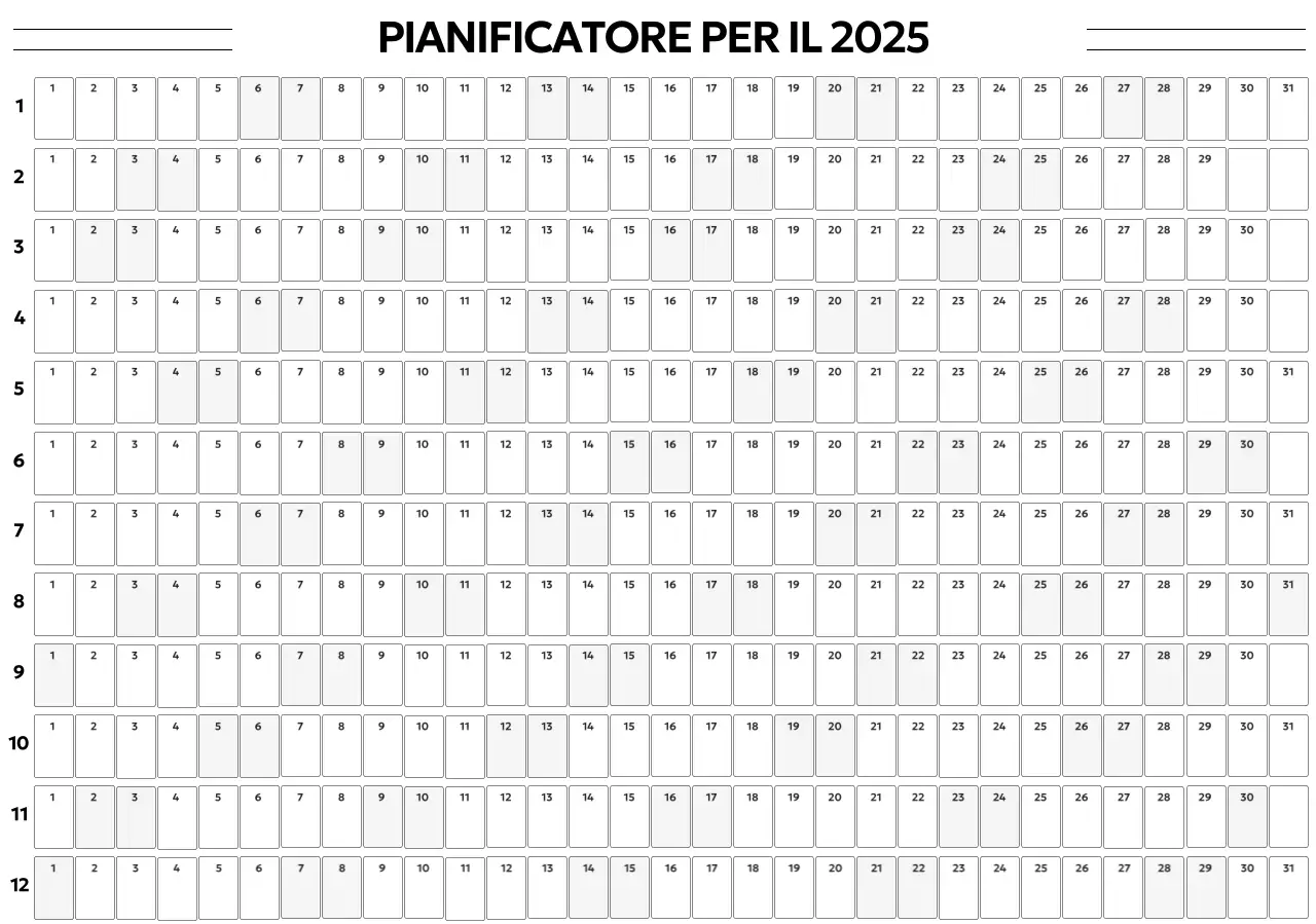 Un semplice calendario annuale in un font gotico con riquadri arrotondati.