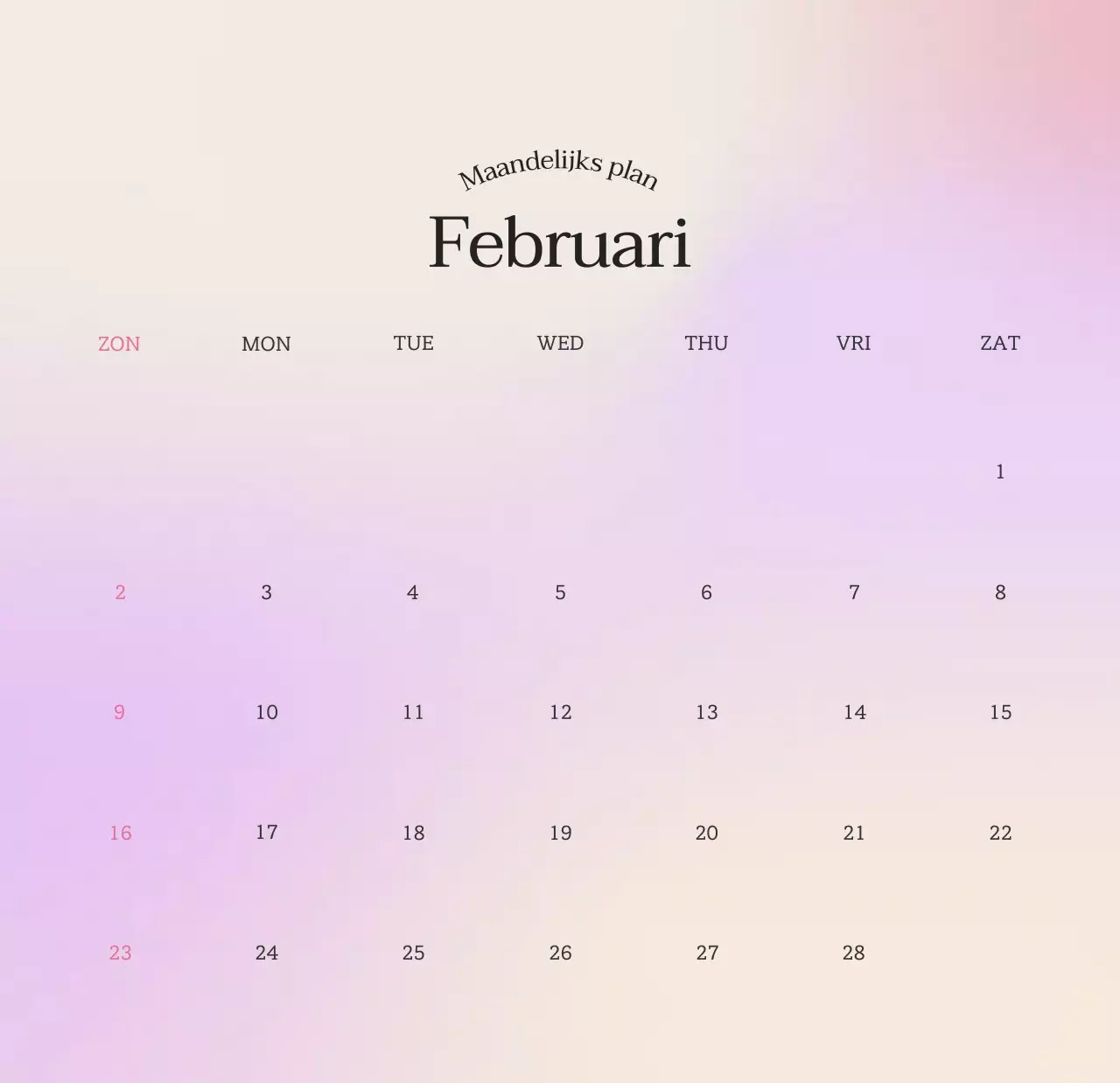 Minimalistische kalender met kleurverloop