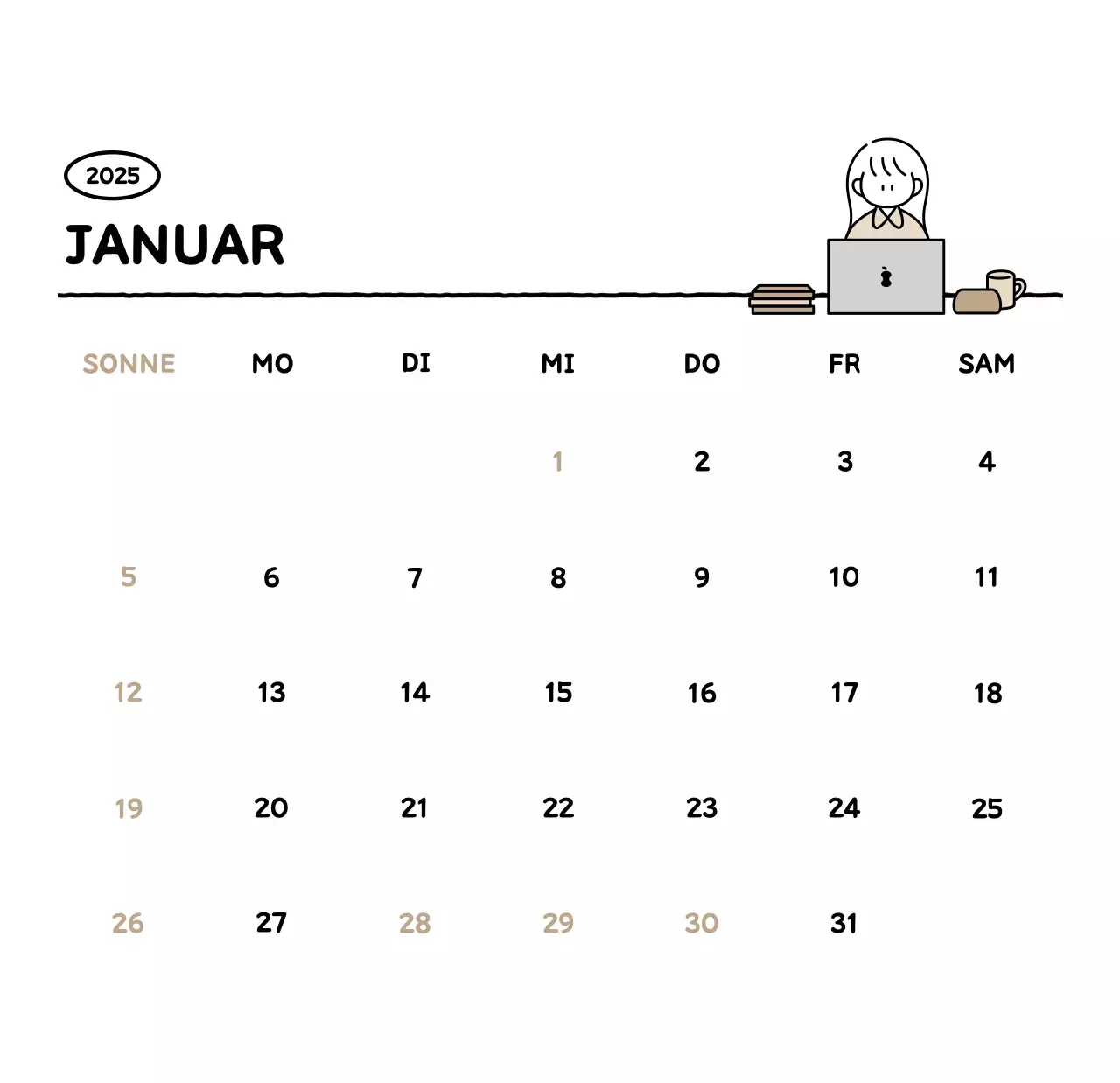 Illustrierter Kalender mit schönem Linienstil