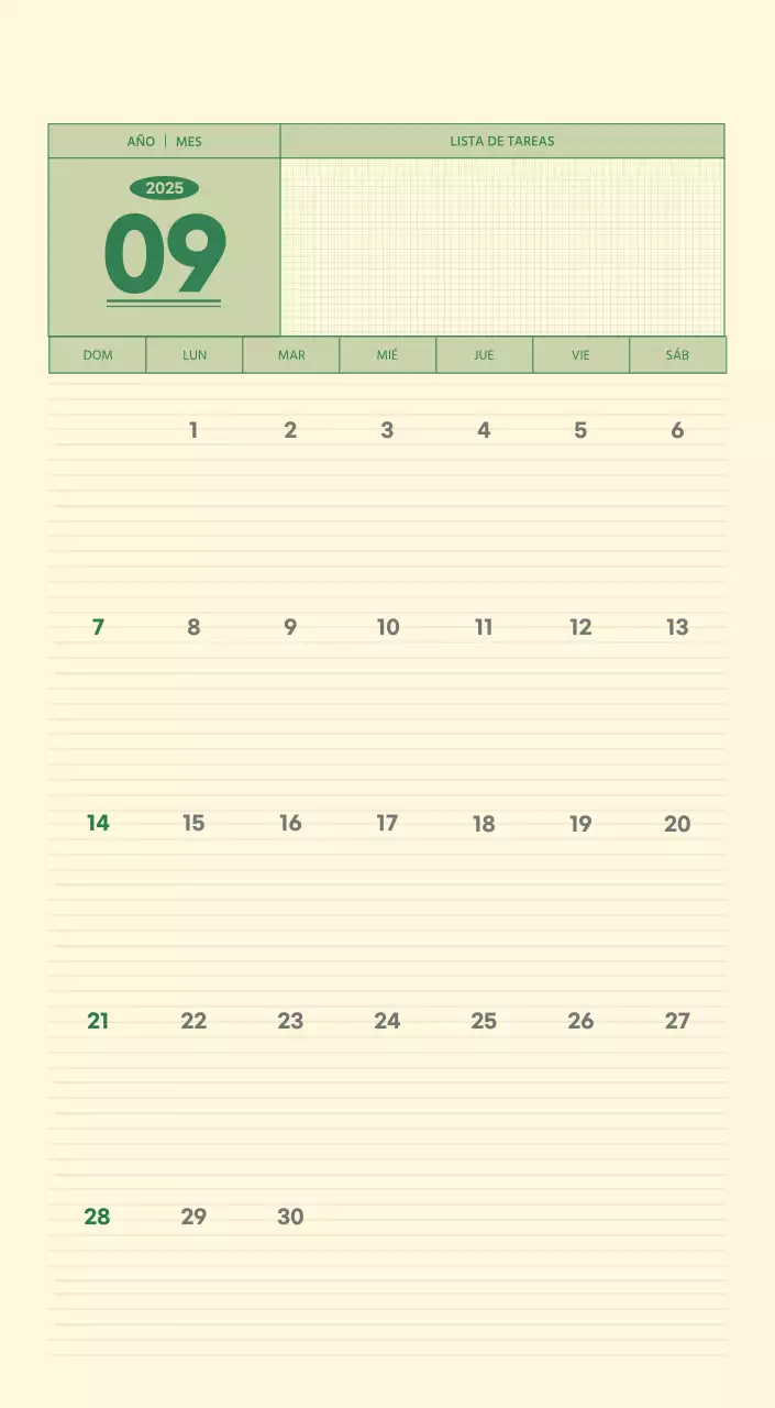 SAT Calendario de pared con concepto de bloc de notas del Día D en verde y amarillo claro