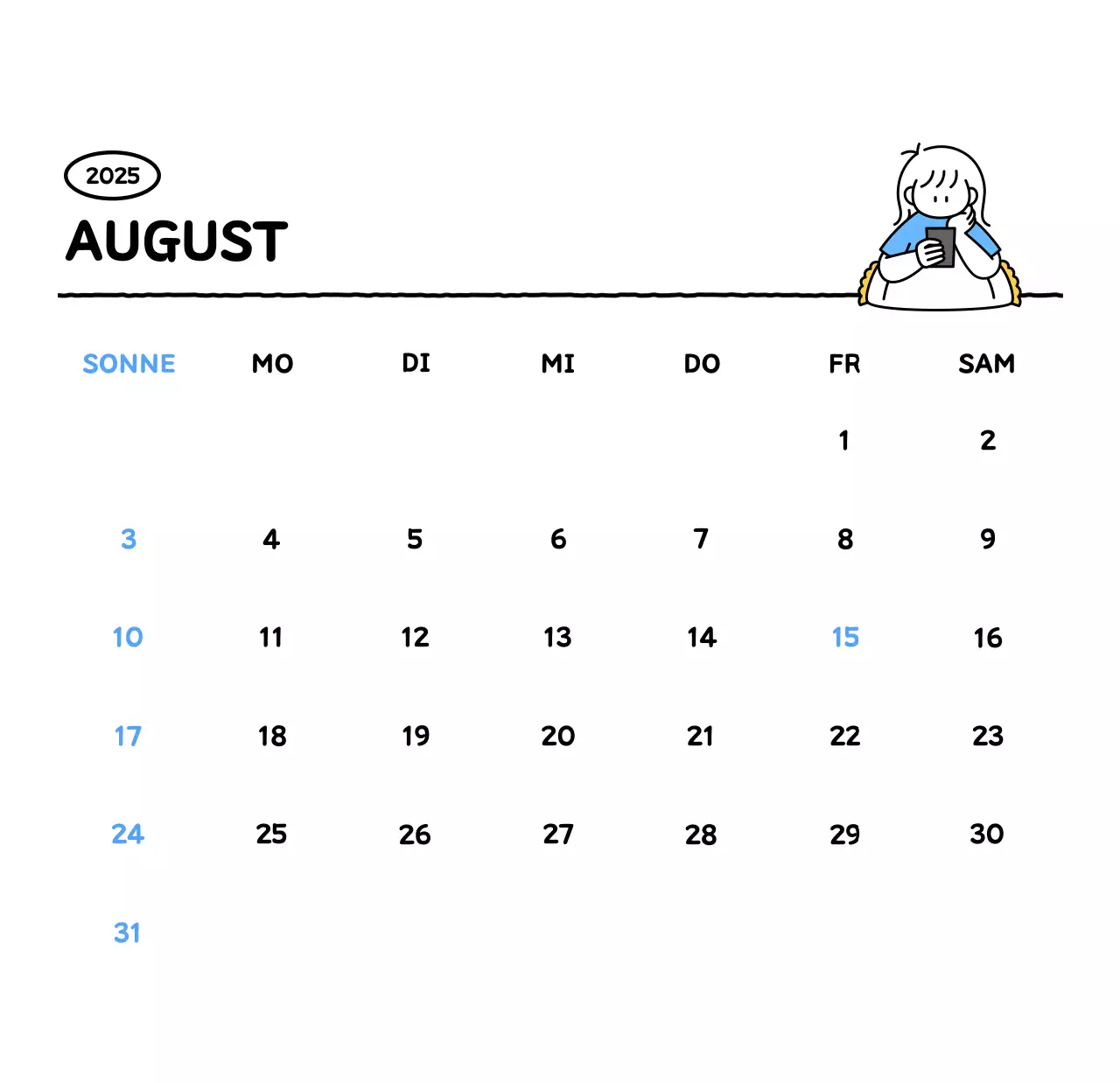 Illustrierter Kalender mit schönem Linienstil