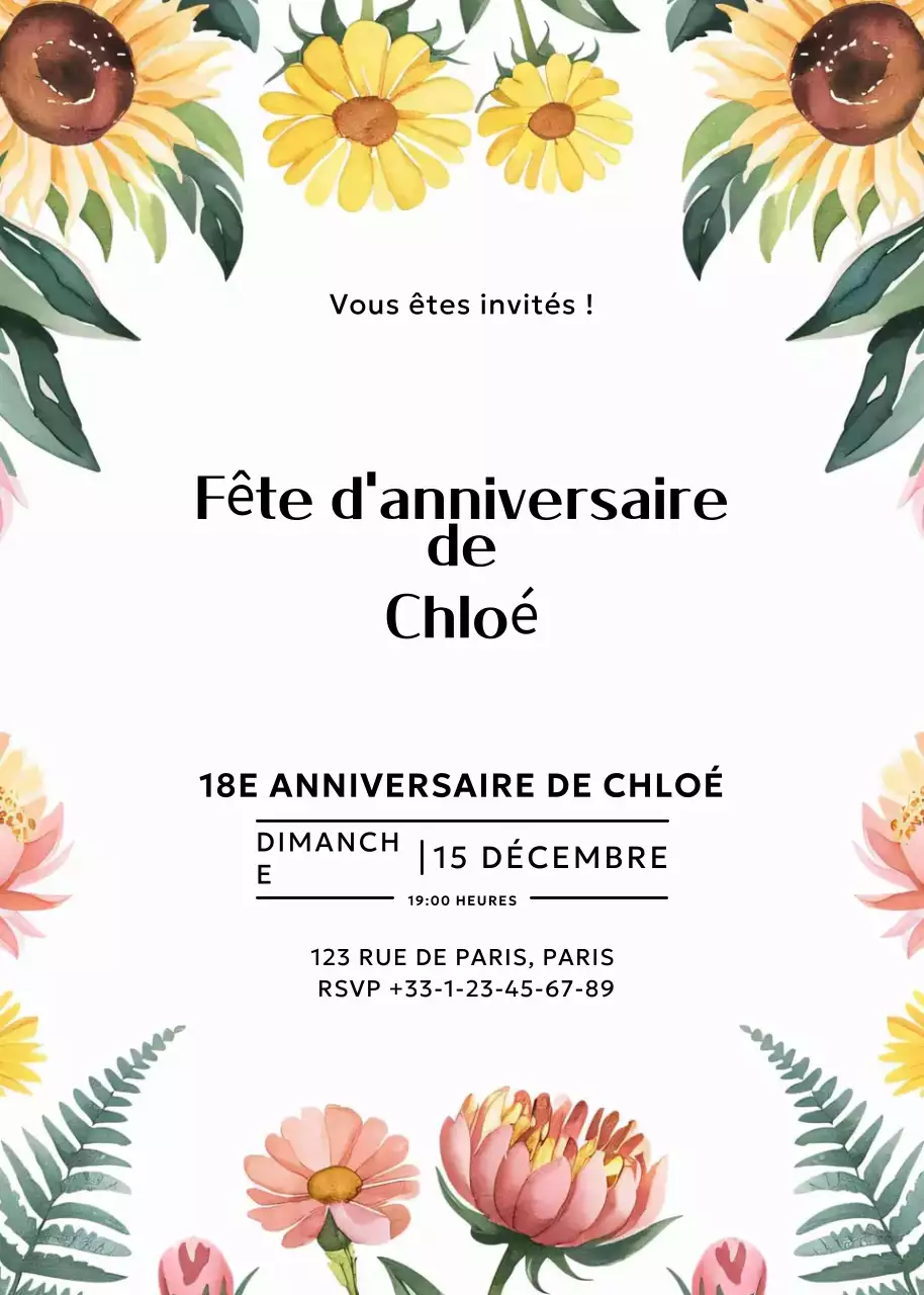 invitation d'anniversaire à fleurs blanches