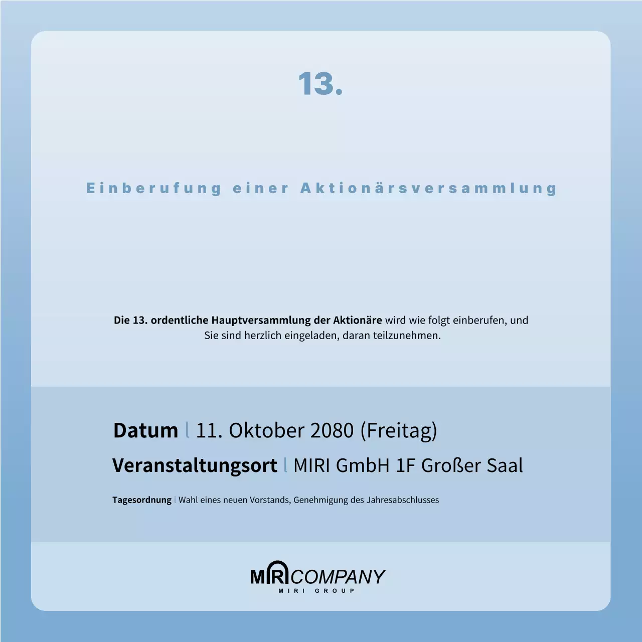 Hellblaue saubere Ankündigung der Aktionärsversammlung