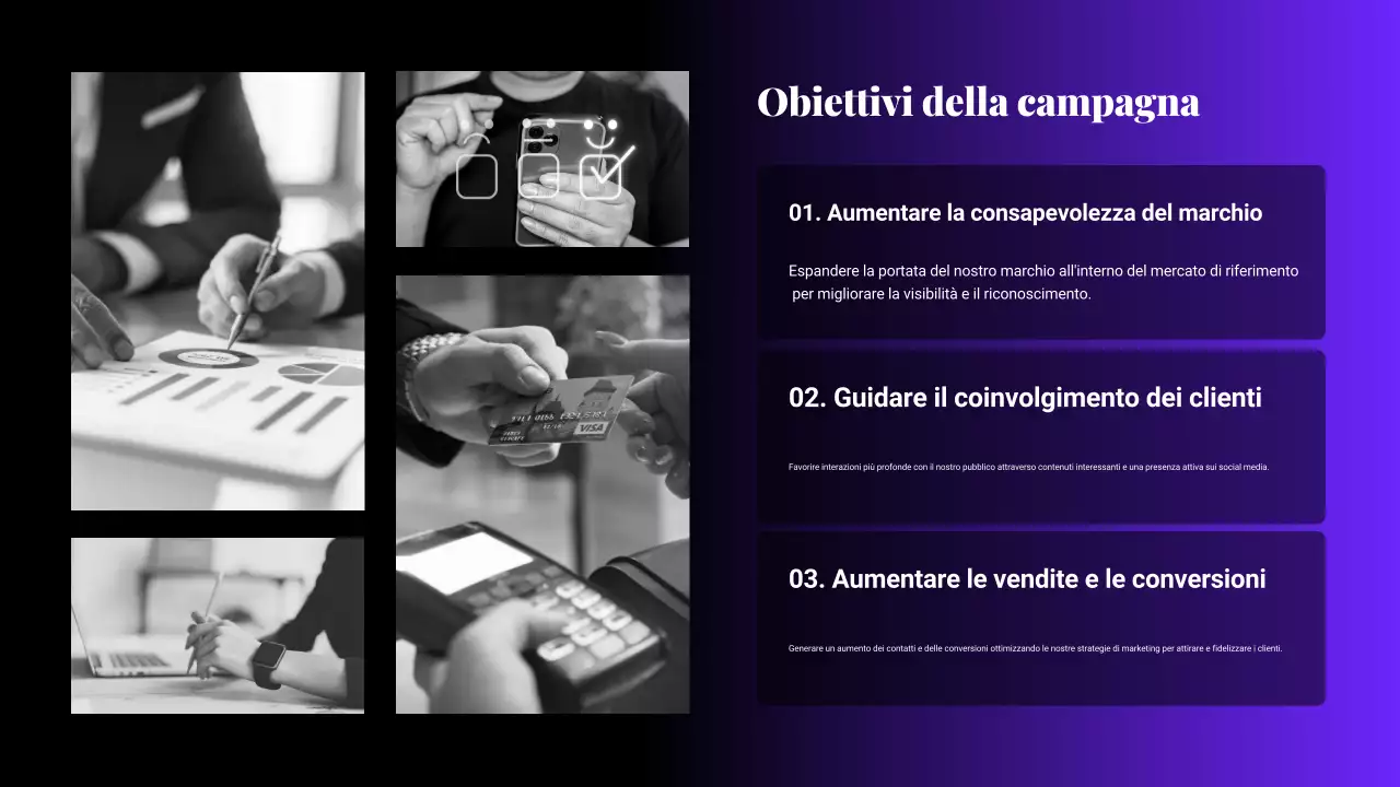 Presentazione del piano di marketing con sfumature nere e viola