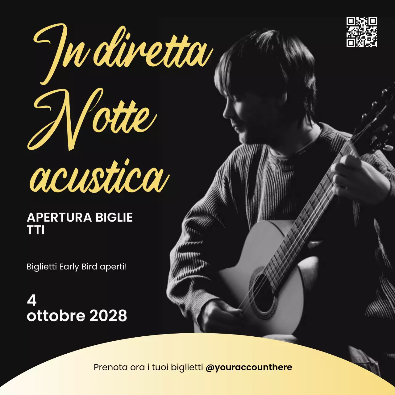 Post Instagram di un evento musicale acustico elegante in oro e nero