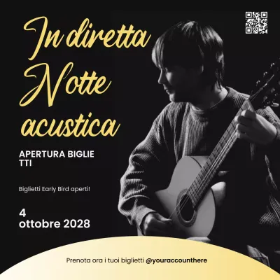 Post Instagram di un evento musicale acustico elegante in oro e nero