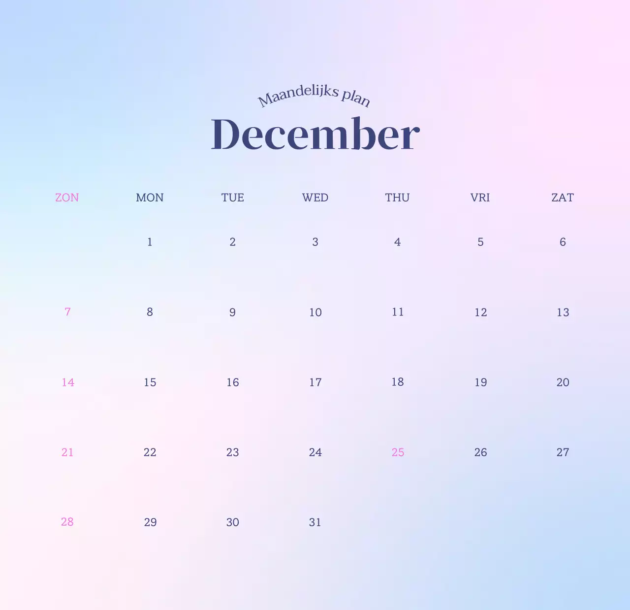 Minimalistische kalender met kleurverloop