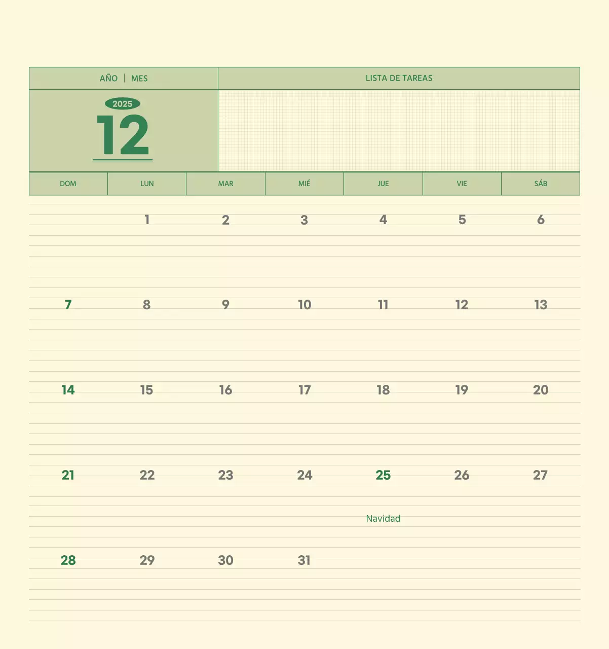 SAT Calendario de pared con concepto de bloc de notas del Día D en verde y amarillo claro