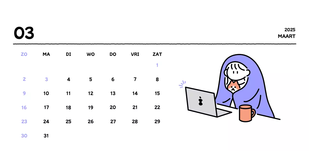 Geïllustreerde kalender met een mooie lijnstijl