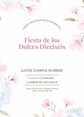 Invitación de fiesta floral rosa azul estilo elegante