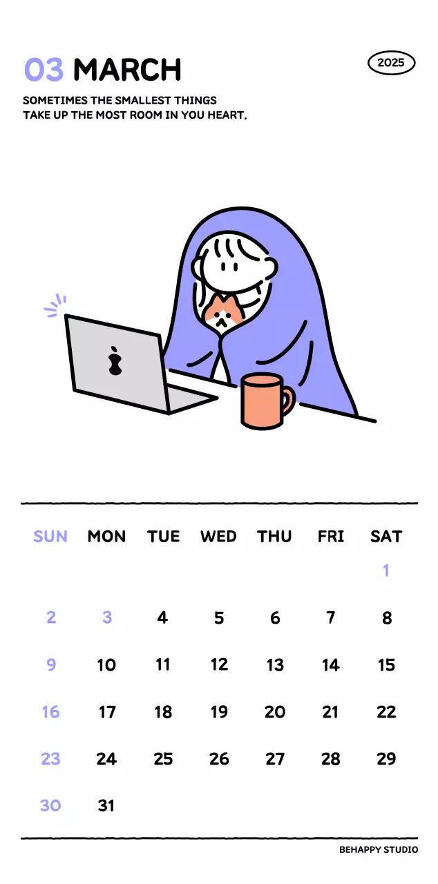 Illustrated calendar with a cute line style