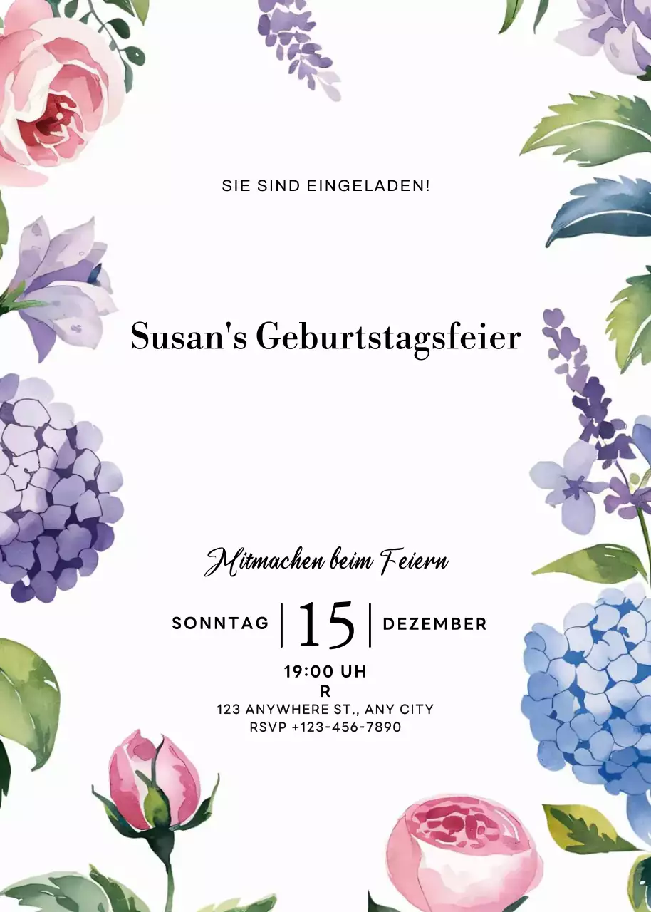 Weiß geblümte Geburtstagseinladung