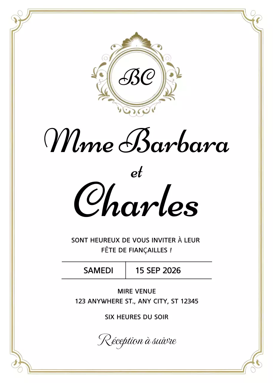 Invitation de fiançailles élégante en or