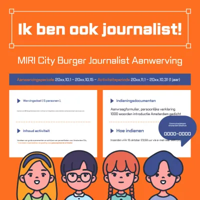Aankondiging werving burgerjournalist oranje en marineblauw