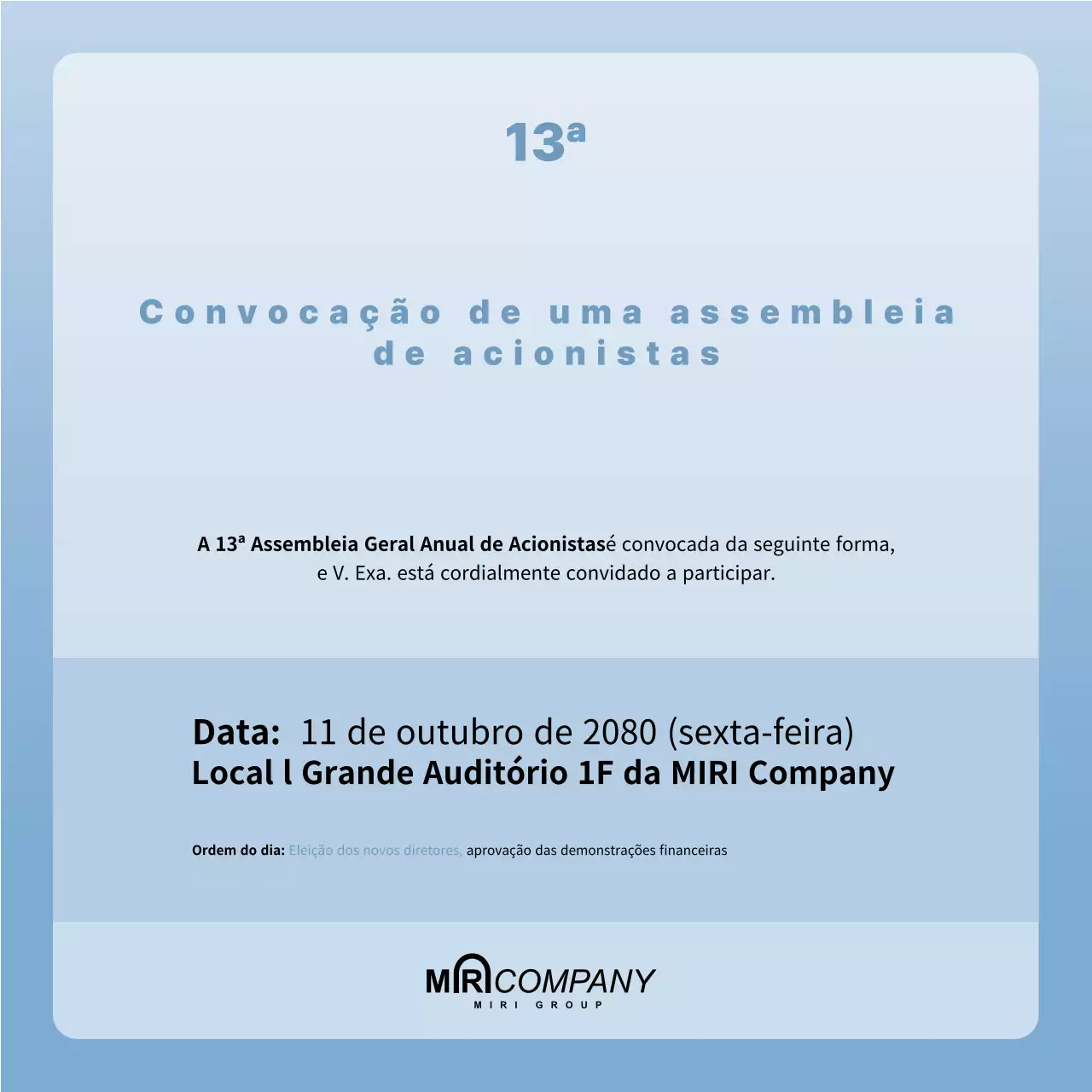 Anúncio de reunião de acionistas em azul claro e limpo
