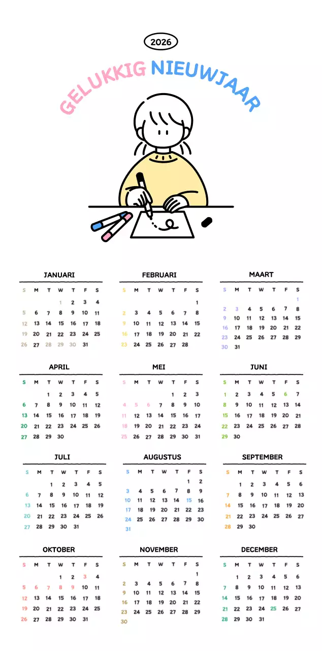 Geïllustreerde kalender met een mooie lijnstijl