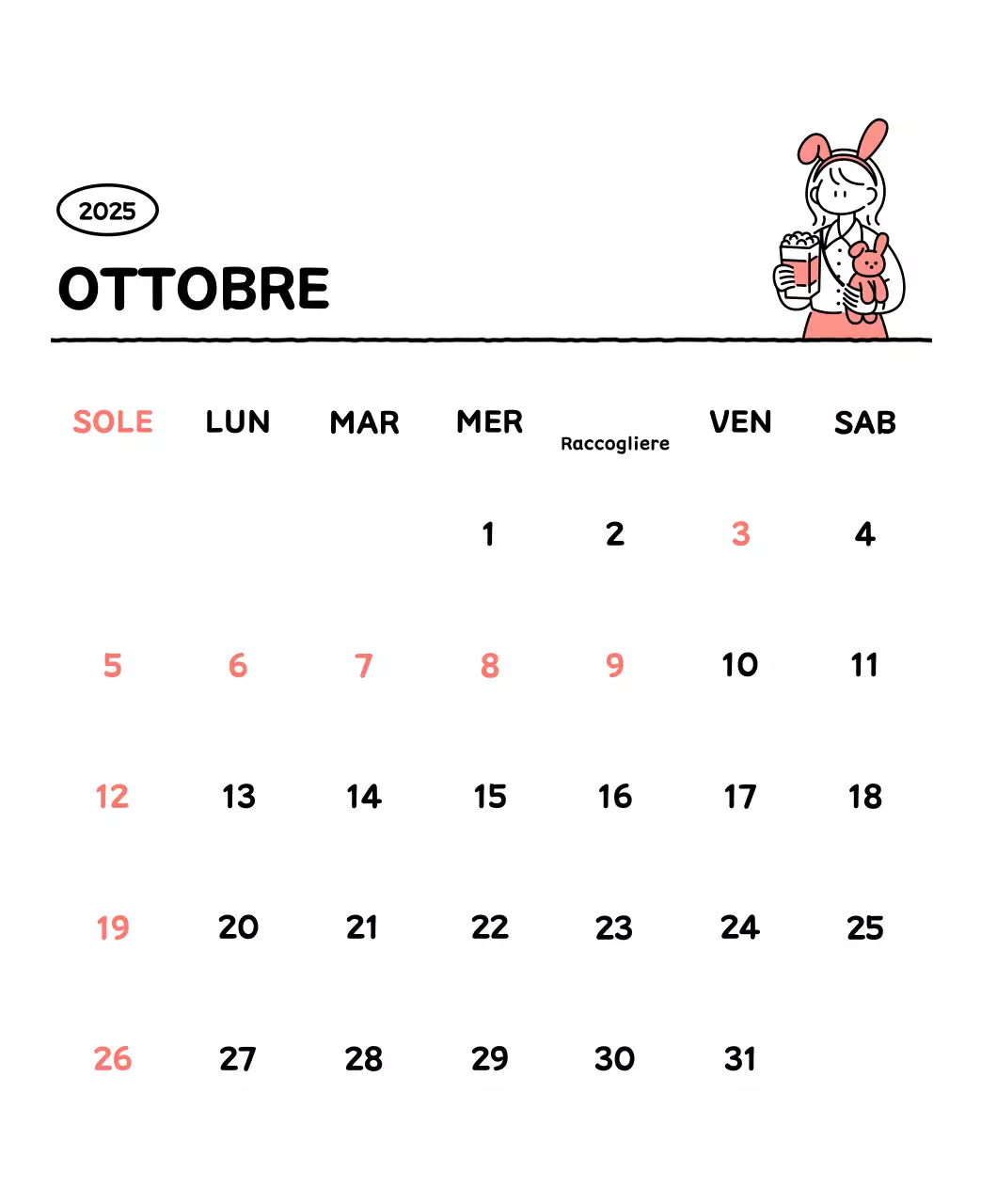 Calendario illustrato con un grazioso stile di linee