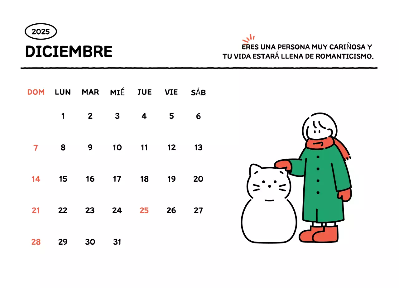 Calendario ilustrado con un bonito estilo de líneas