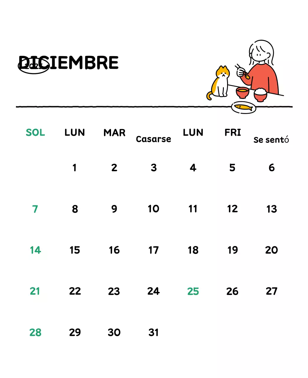 Calendario ilustrado con un bonito estilo de líneas