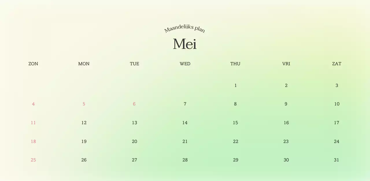 Minimalistische kalender met kleurverloop