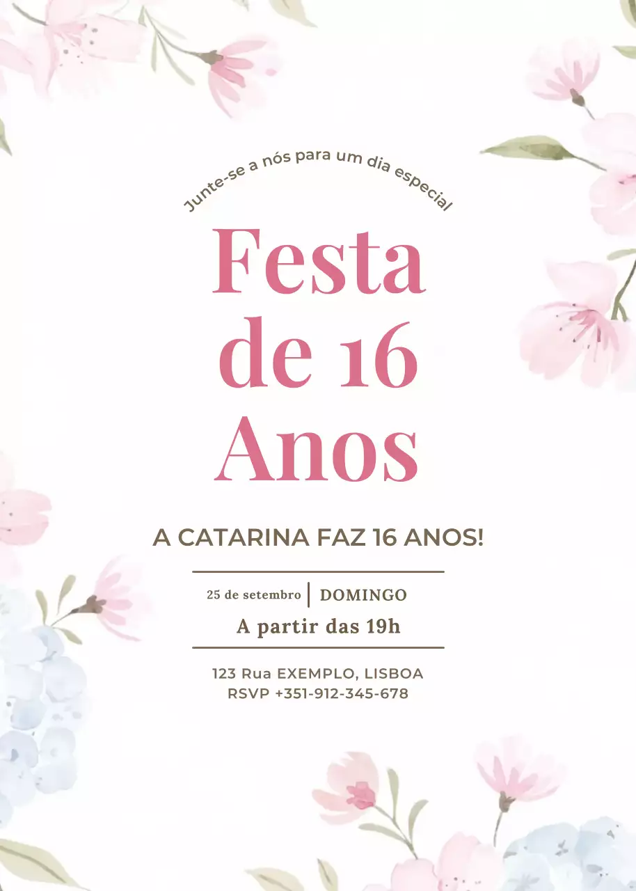 Convite de festa floral azul cor-de-rosa estilo elegante