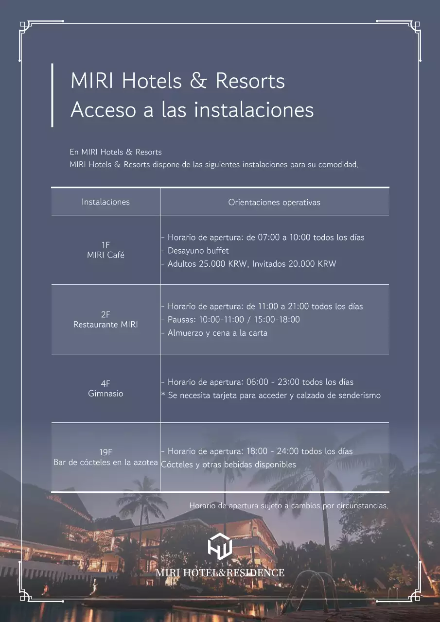 Una guía limpia, morada y blanca de los servicios del hotel