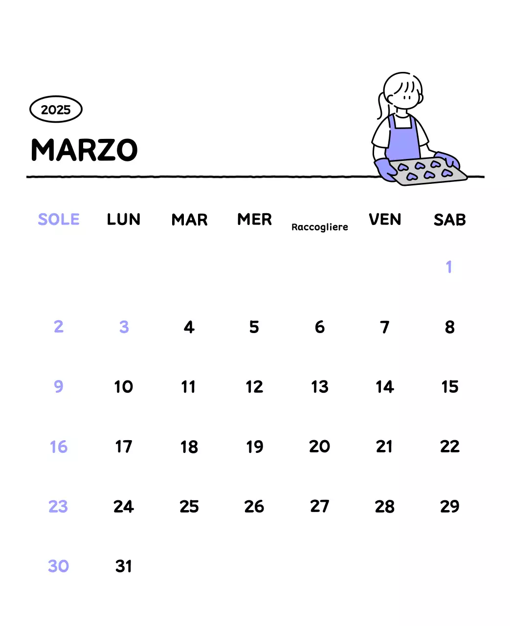 Calendario illustrato con un grazioso stile di linee
