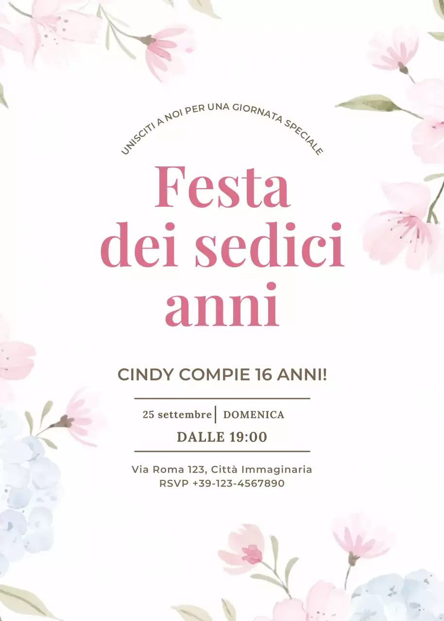 Invito a una festa floreale rosa-blu in stile elegante