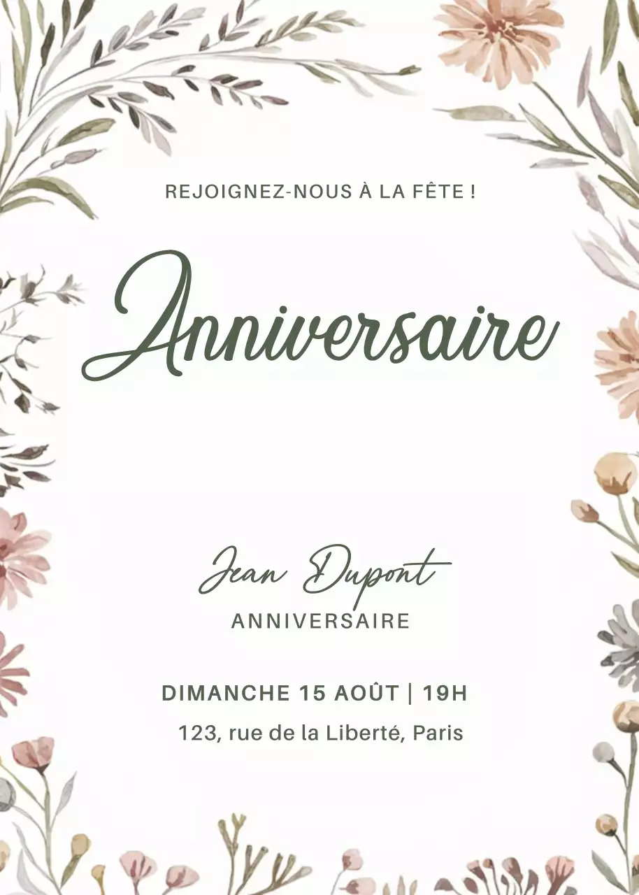Invitation d'anniversaire botanique beige
