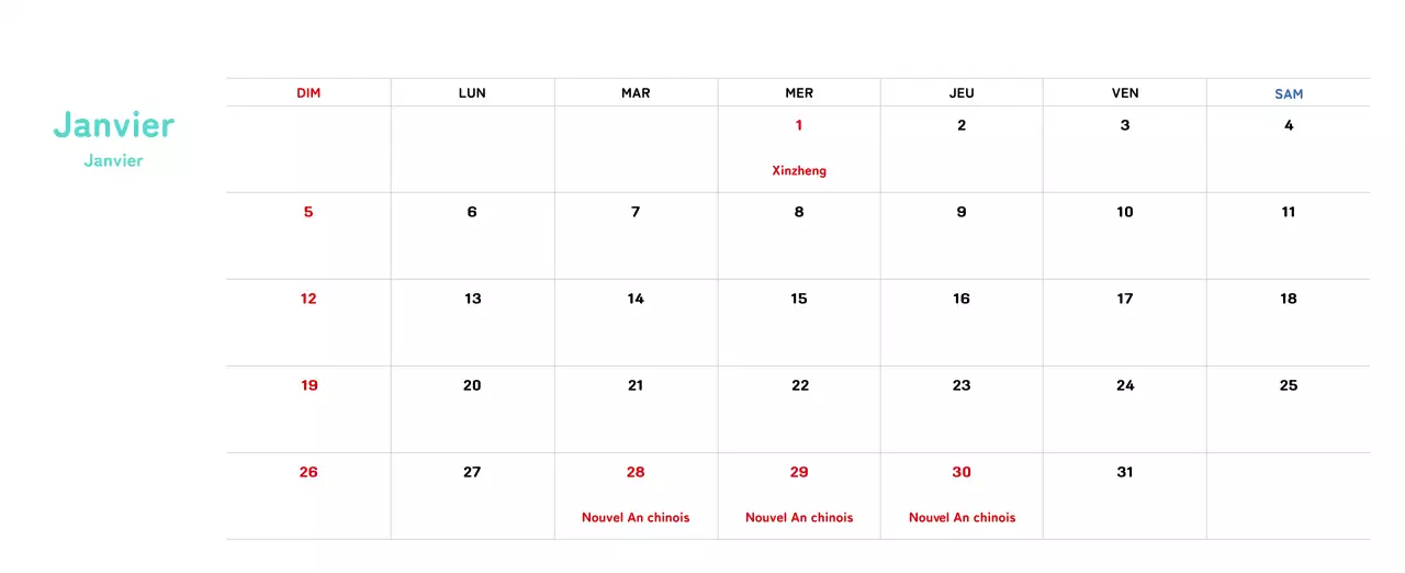 Calendrier du Nouvel An avec illustrations chaleureuses