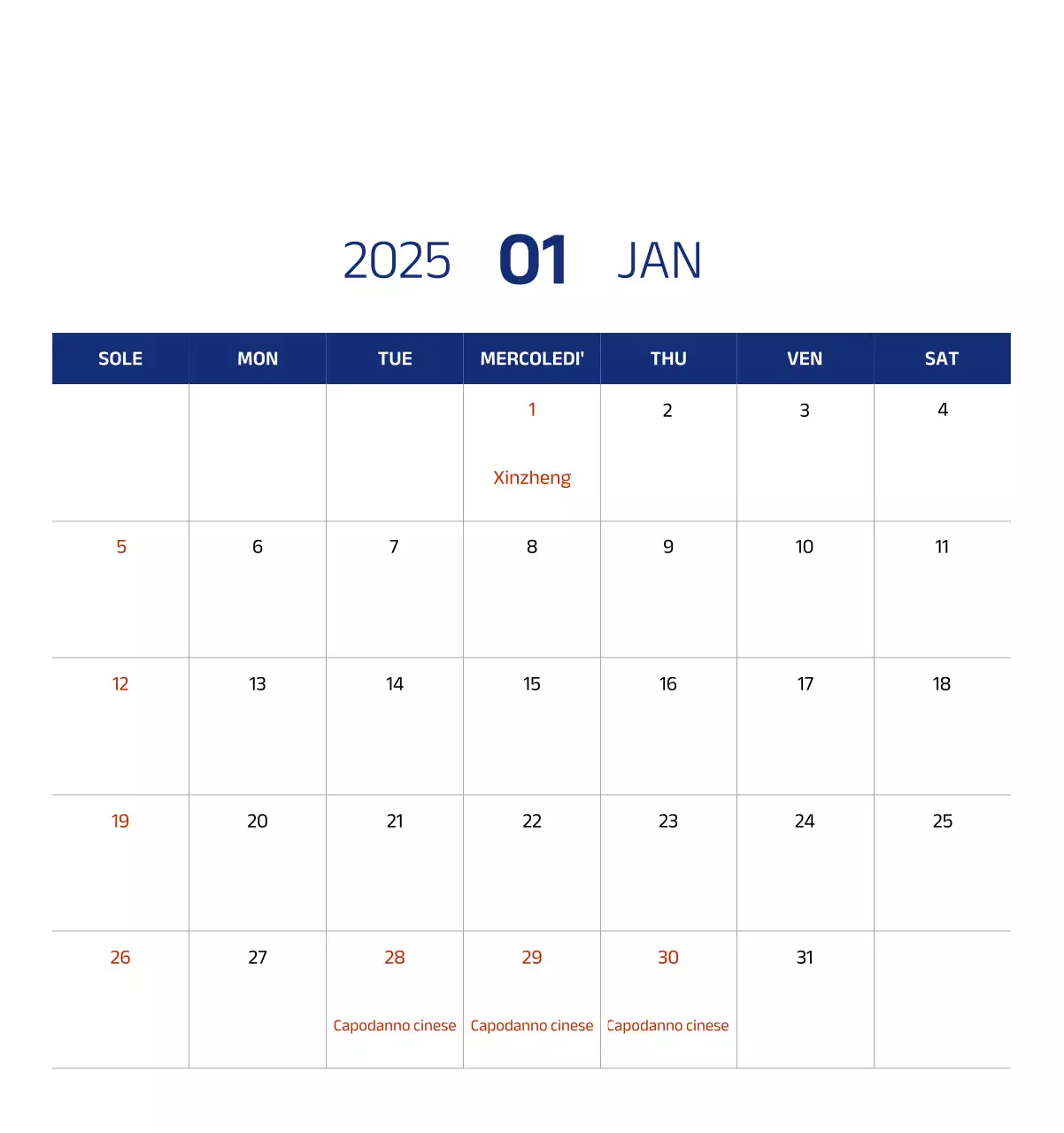 Calendario semplice con illustrazioni blu e pulite
