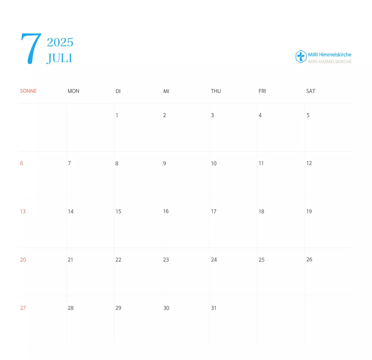 Blaues modernes Konzept Kirchenkalender