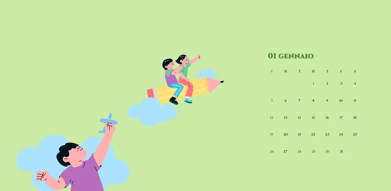 Calendario con illustrazioni giovanili su sfondo giallo-verde