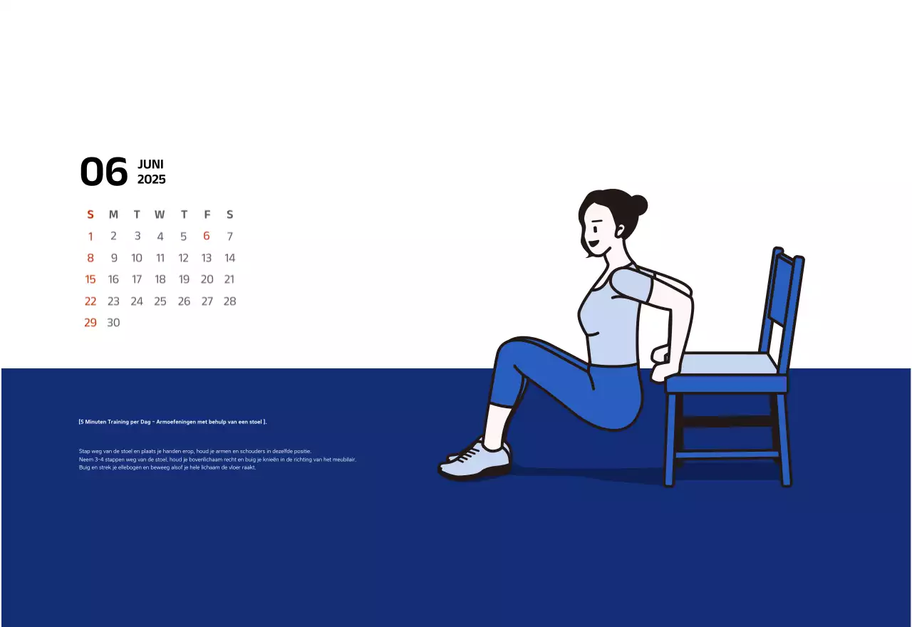 Eenvoudige kalender met blauwe, strakke illustraties