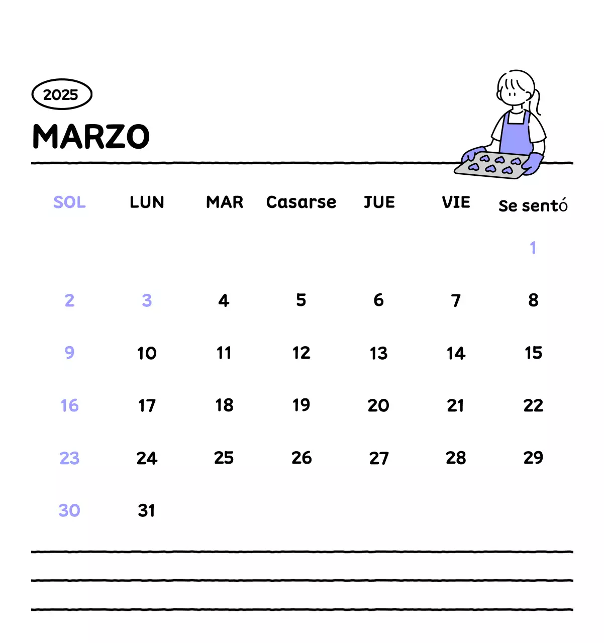 Calendario ilustrado con un bonito estilo de líneas