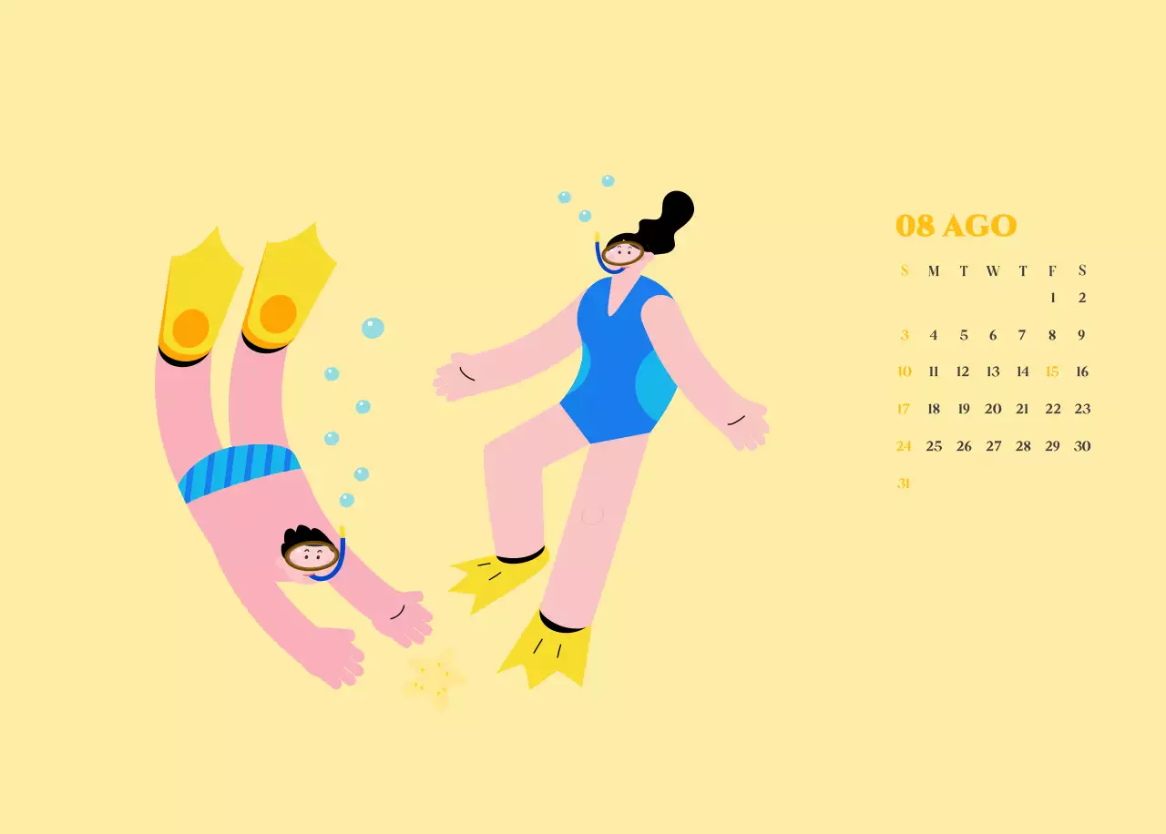 Calendario con ilustraciones juveniles sobre fondo amarillo verdoso
