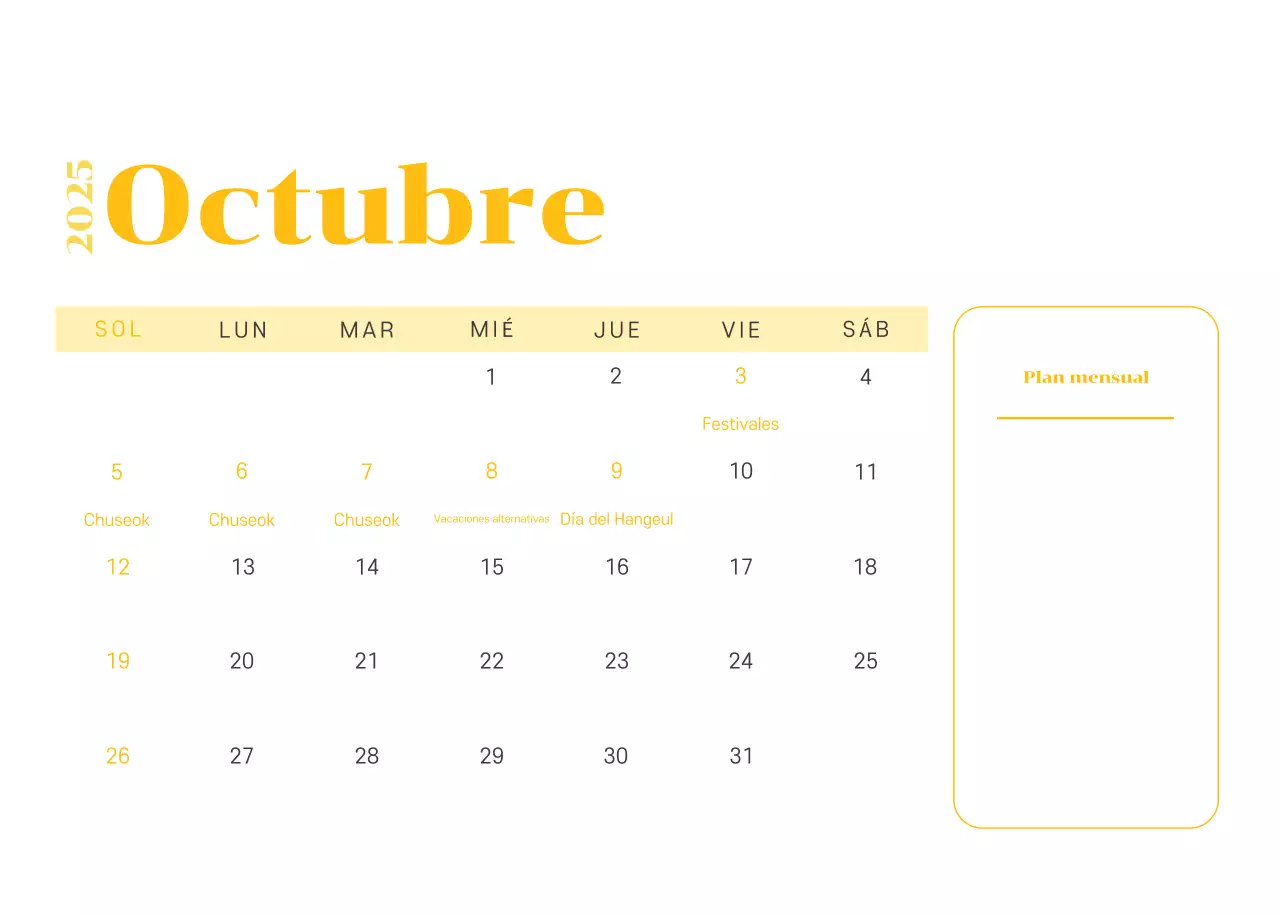 Calendario con ilustraciones juveniles sobre fondo amarillo verdoso
