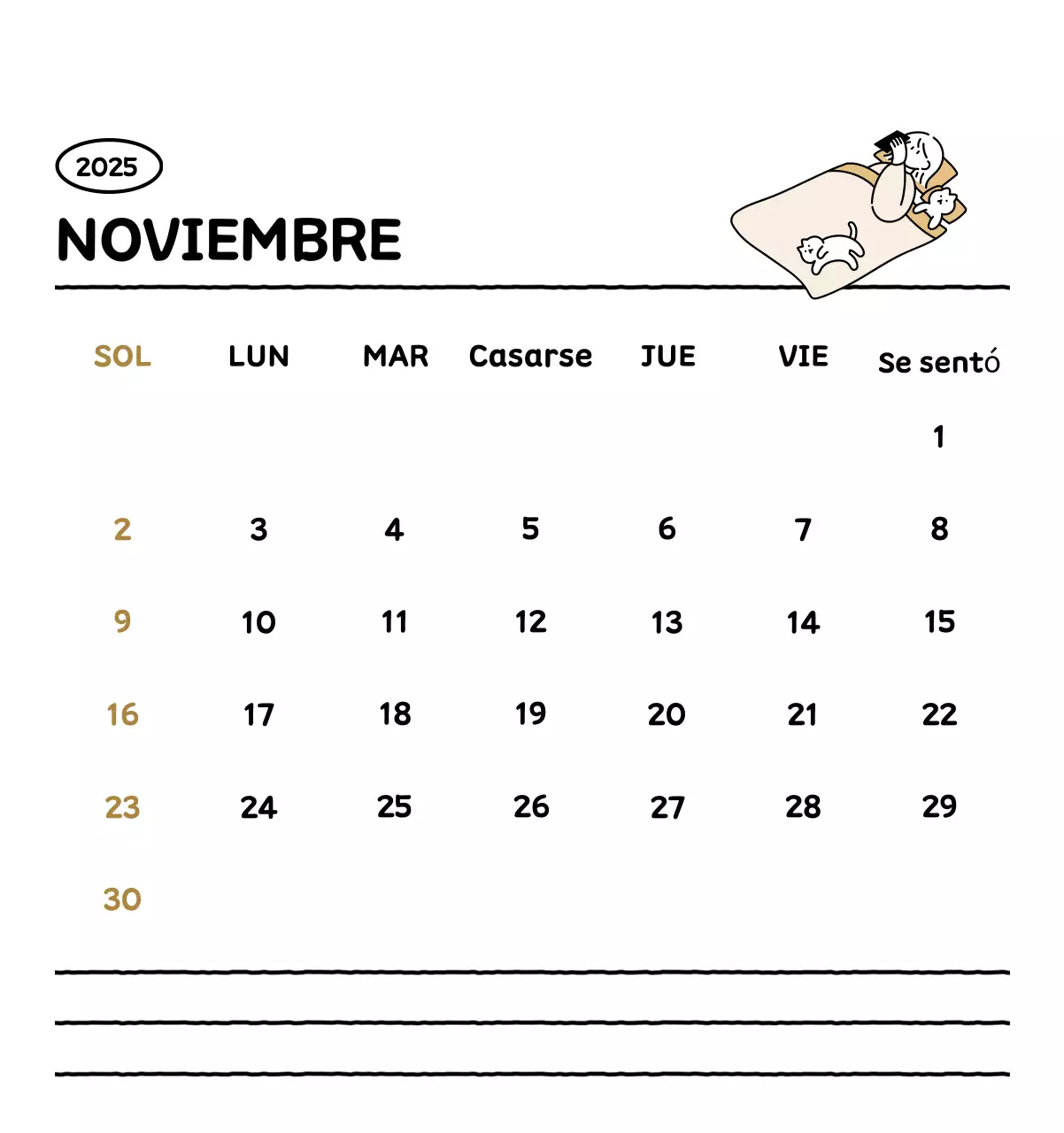Calendario ilustrado con un bonito estilo de líneas
