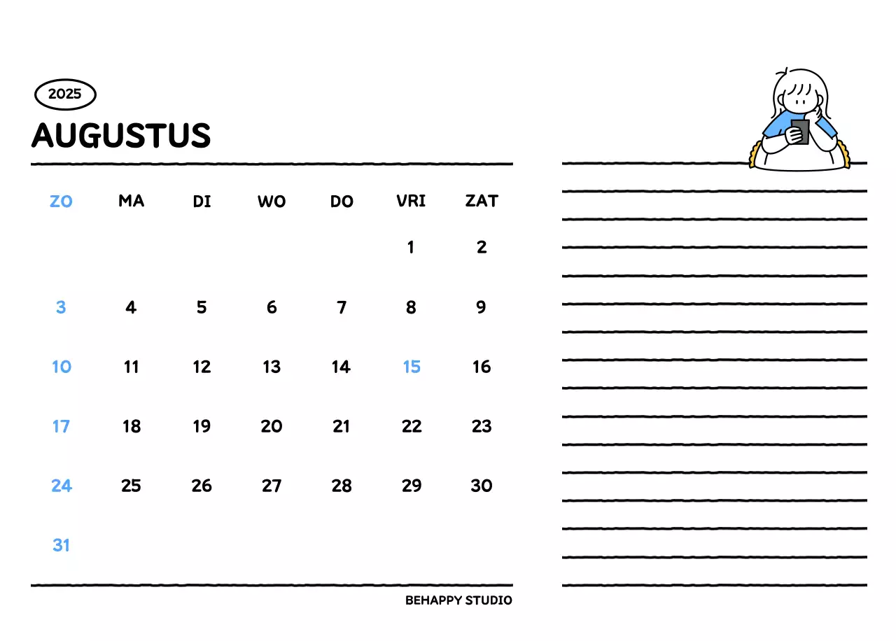 Geïllustreerde kalender met een mooie lijnstijl