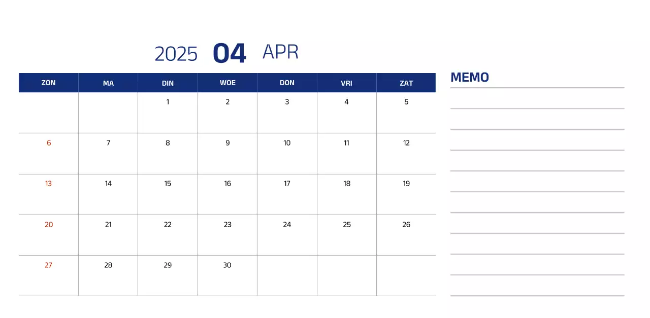 Eenvoudige kalender met blauwe, strakke illustraties