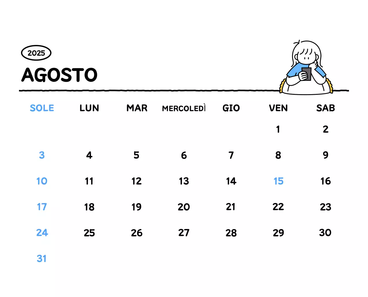 Calendario illustrato con un grazioso stile di linee