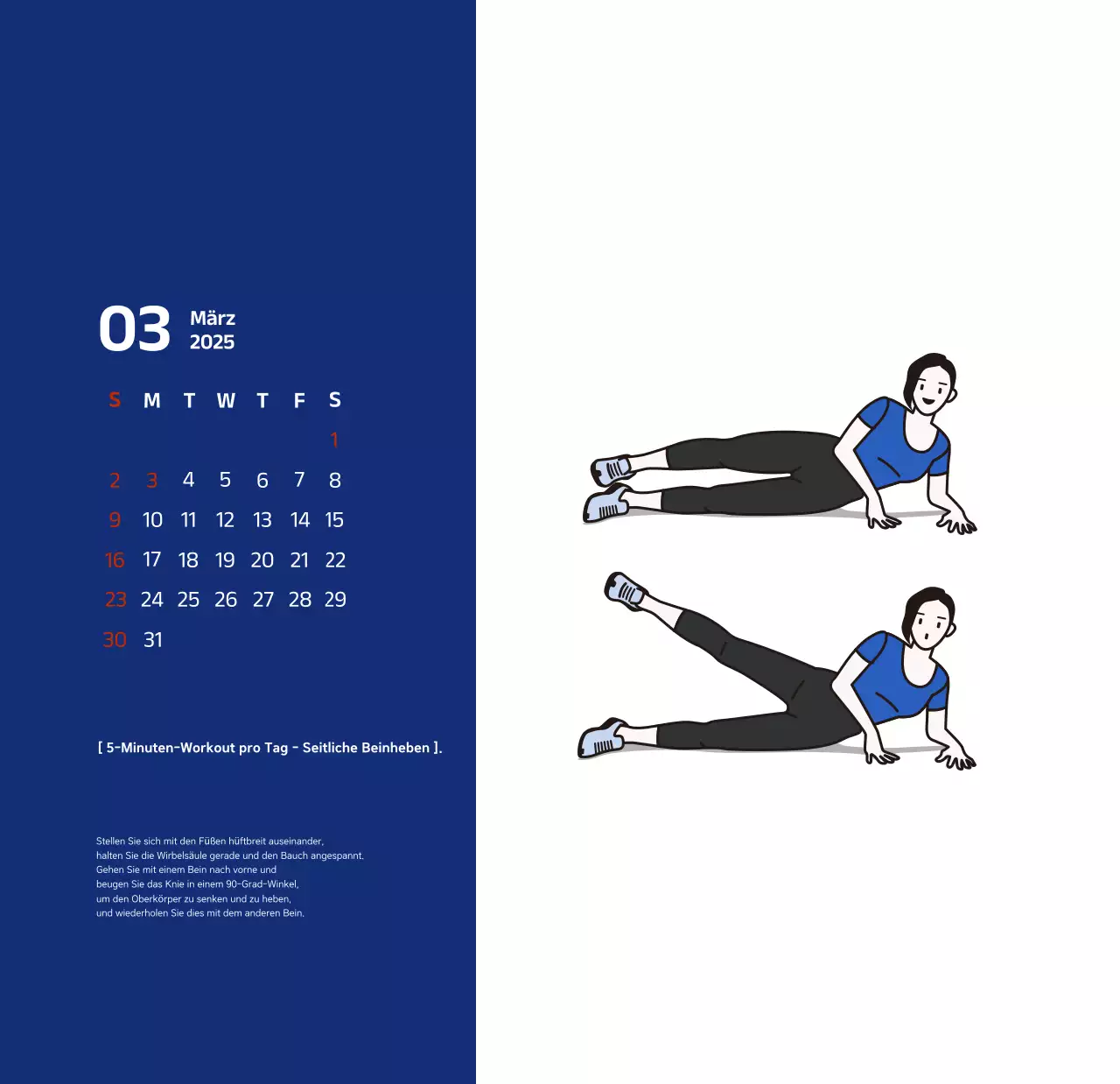 Einfacher Kalender mit blauen, klaren Illustrationen