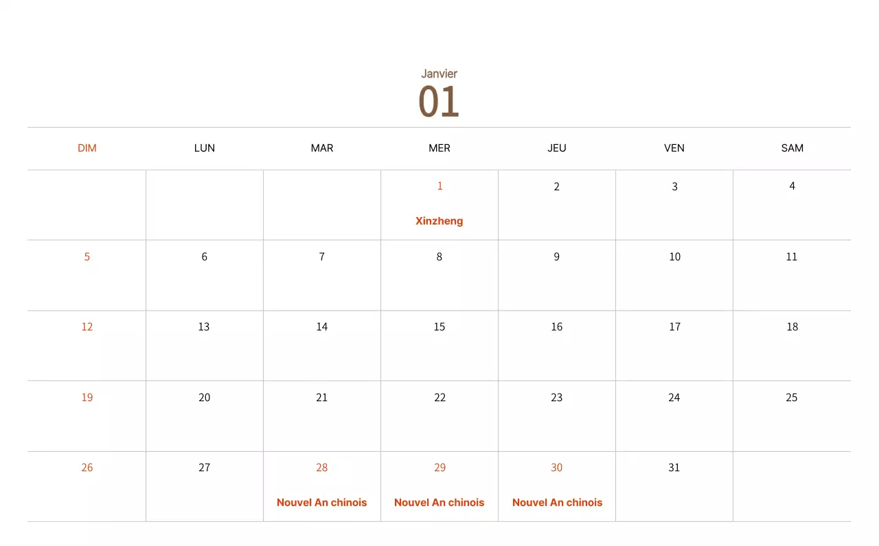 Calendrier du Nouvel An avec illustrations chaleureuses