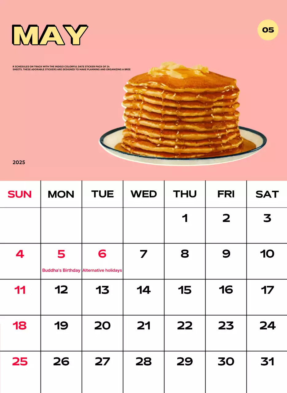 Kalender penuh warna dengan berbagai ilustrasi retro