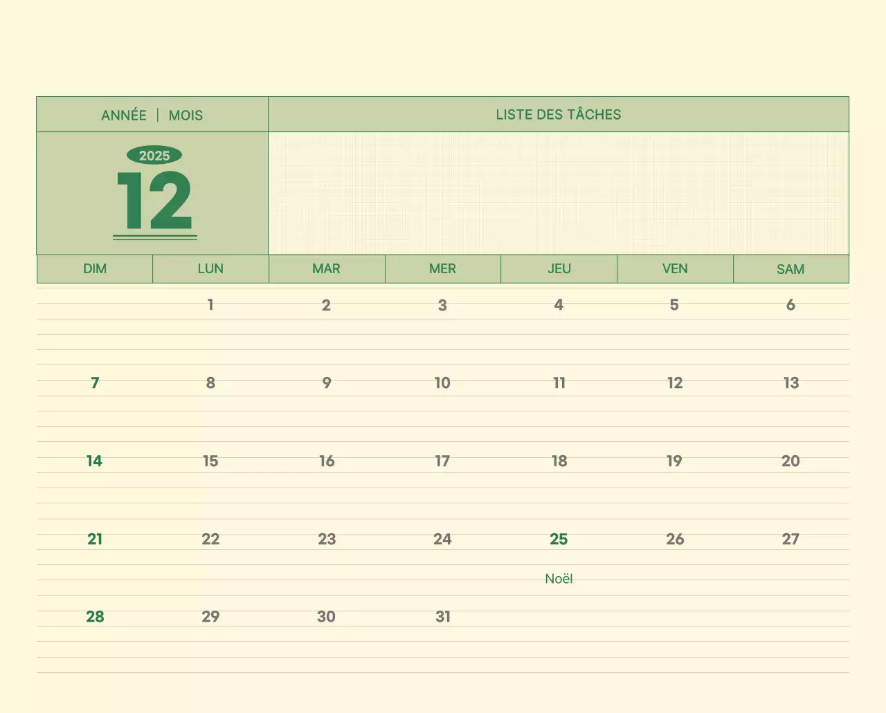 Calendrier mural SAT D-Day concept notepad en vert et jaune clair
