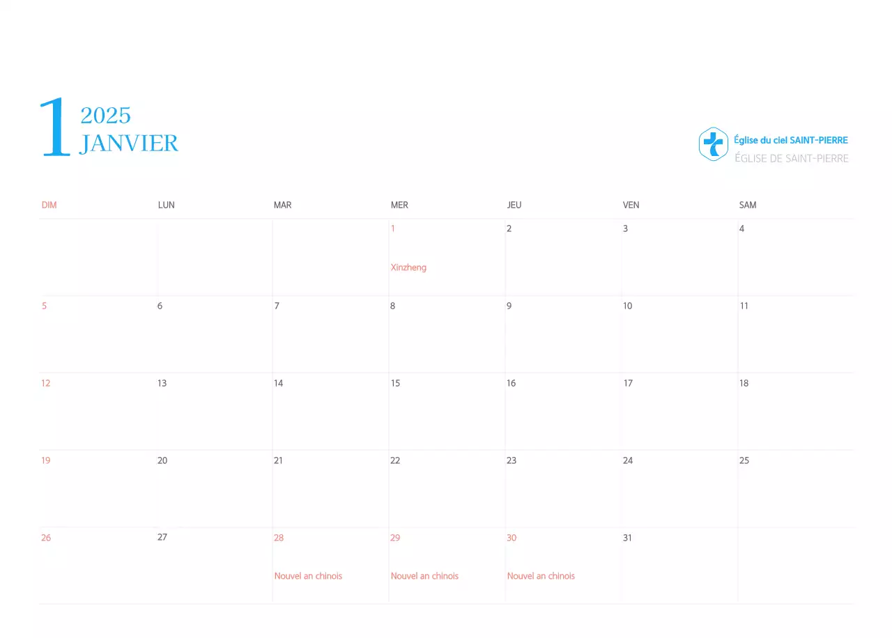 Calendrier d'église moderne bleu