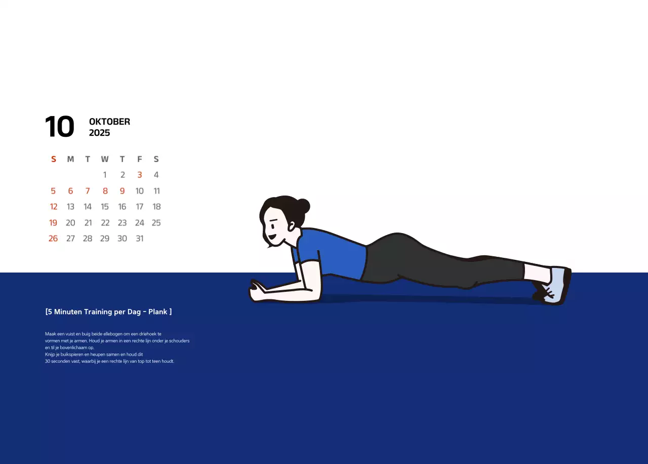 Eenvoudige kalender met blauwe, strakke illustraties