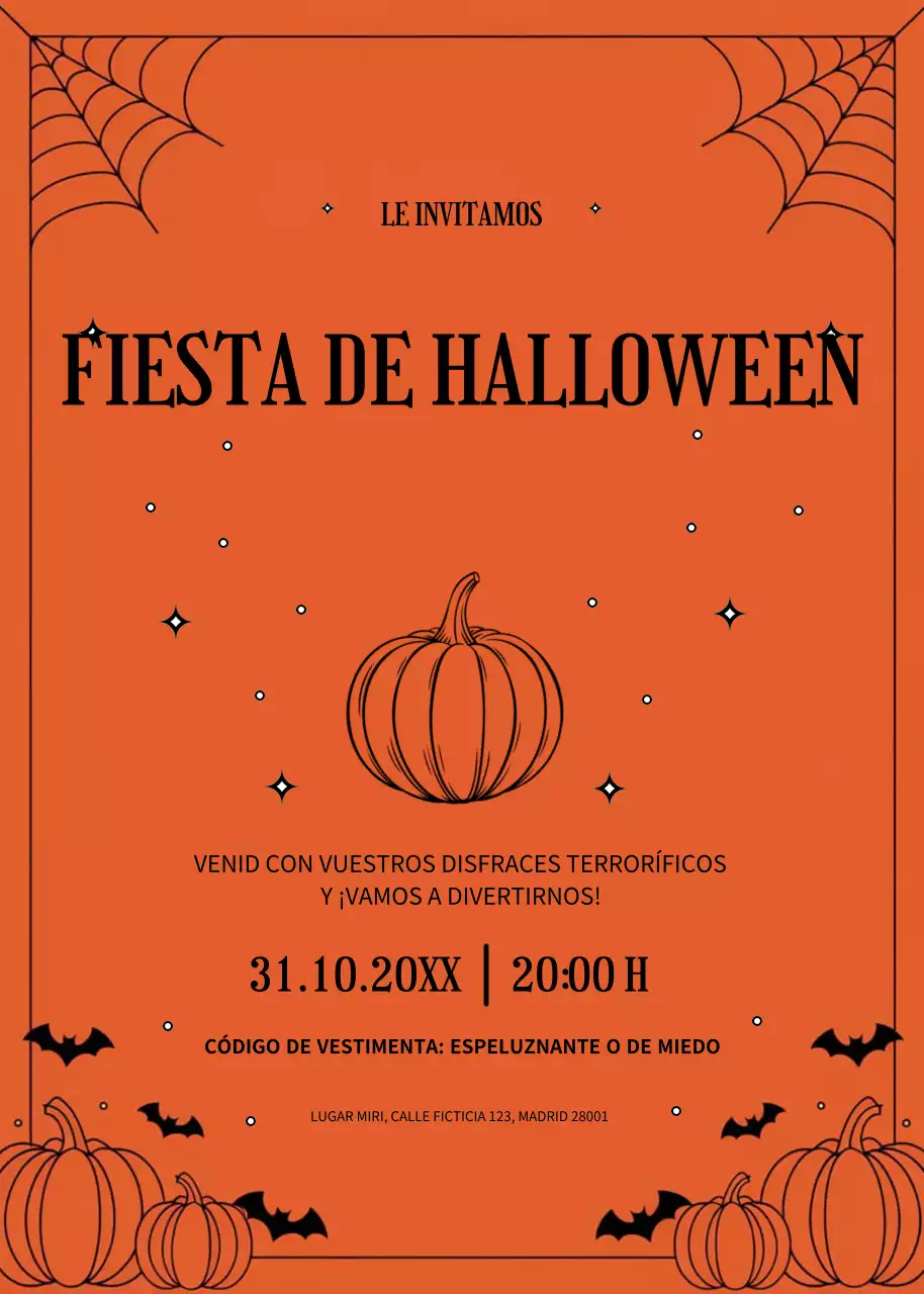 Invitación de fiesta de Halloween naranja negro estilo minimalista