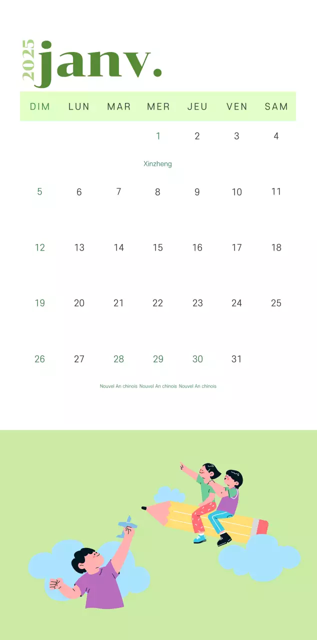 Calendrier avec illustrations de jeunes sur fond jaune-vert